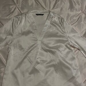 White Satin V-Neck Blouse